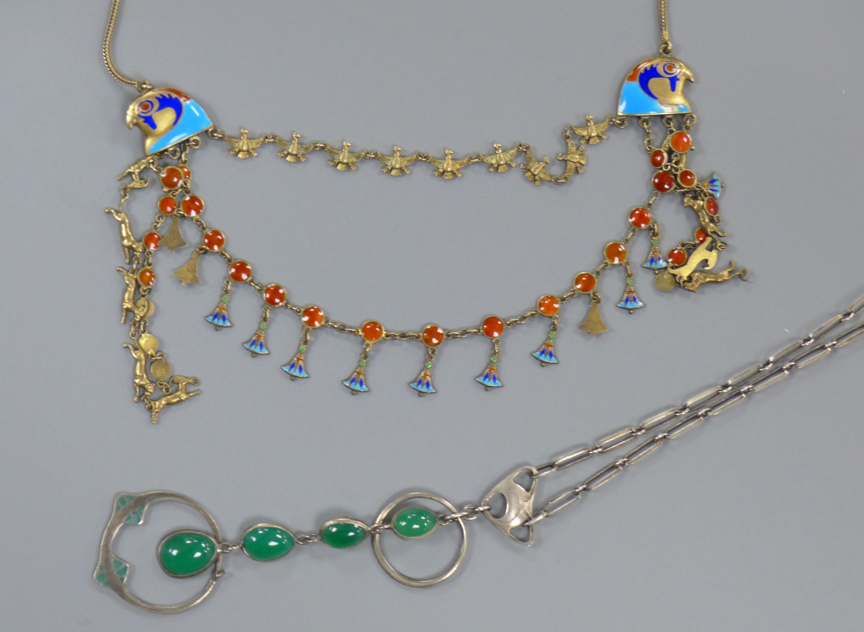A continental 900 standard gilt white metal and enamel necklace, 46cm and a 935 white metal and chrysophase necklace.